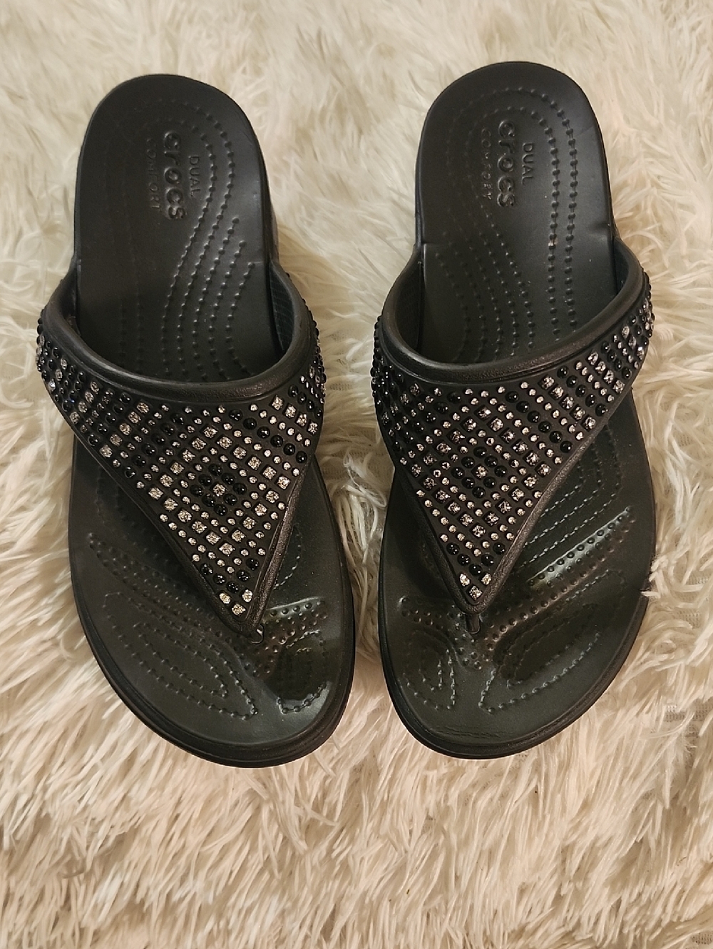Crocs Monterey Black Shimmer Wedge Flip, Women Sandal Size 5